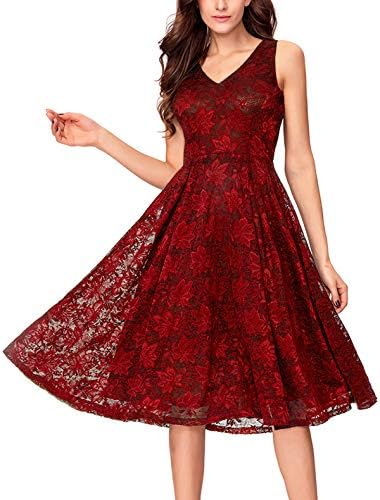 Noctflos Lace V Neck Fit & Flare Midi Cocktail Dress for Women Party Wedding