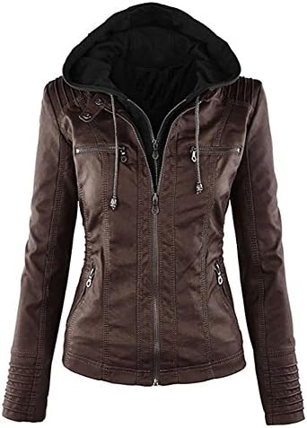 Ourfashion Women's Hooded Faux Leather Motorcyle Jacket Detachable Full Zipper Outerwear （XS-7XL）