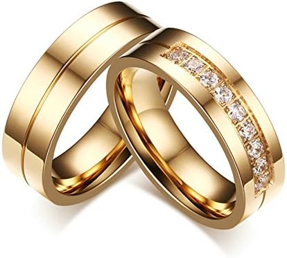 Jiedeng Jewelry Couple Ring Stainless Steel Ring with Cubic Zirconia CZ Friendship Promise Anniversary Engagement Wedding Ring for Women and Men Gold - With Gift Bag