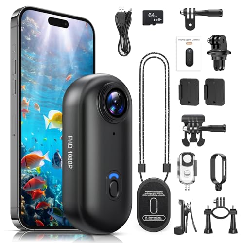 Poat Action Camera, Mini Pov Camera for vlogging, IPX7 Waterproof, Body Camera with 120° Wide Angle, POV Recording for Diving, 10+ Accessories – Helmet Cam for Motorcycle, Cycling (64G-Card)