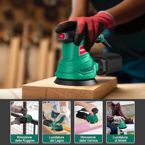 HYCHIKA Orbital Sander 300W, 6 Adjustable Speeds, 13000 RPM, 12pcs Sanding Discs 125 mm (80, 120, 240 Grains), Electric Sander, with Dust Collection Box