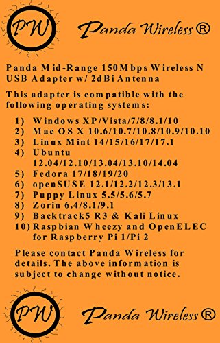 Panda Mid Range 150Mbps Wireless N USB Adapter w/ 2dBi Antenna - Windows XP/Vista/7/8/10, Mac, Mint, Ubuntu, Fedora, openSUSE, Zorin, Lubuntu, BackTrack5 R3, Kali Linux, Raspberry Pi/Pi 2