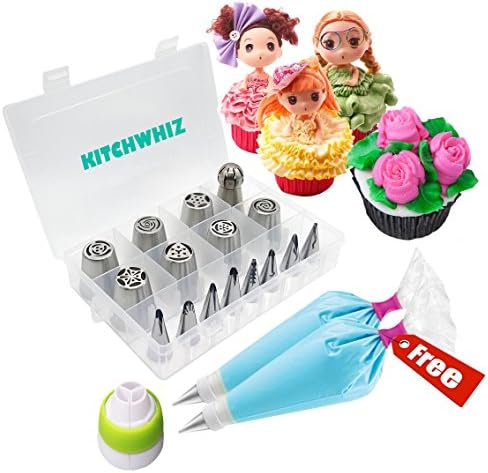 Russian Piping Tips (Pack of 27)-The ONLY Cake Decorating Tips kit with 7 Russian Cake Nozzles (Large), 8 Doll Dress Tips, 1 Sphere Piping Tip, 1 Coupler, 10 Disposable Pastry Bags +Free Storage Case