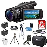 Sony FDRAX100/B FDR-AX100 FDRAX100 AX100 4K Video Camera w/ 3.5-Inch LCD (Black) Bundle w/ 64GB Memory Card, Gadget Bag, Battery (2), Battery Charger, Filter Kit, Memory Card Reader, Full Size Tripod, Mini Tripod, Screen Protectors and Cleaning Kit