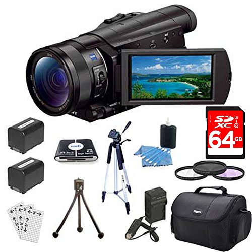 Sony FDRAX100/B FDR-AX100 FDRAX100 AX100 4K Video Camera w/ 3.5-Inch LCD (Black) Bundle w/ 64GB Memory Card, Gadget Bag, Battery (2), Battery Charger, Filter Kit, Memory Card Reader, Full Size Tripod, Mini Tripod, Screen Protectors and Cleaning Kit