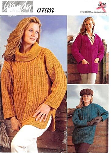 Wendy Knitting Pattern 4075, Aran, Lady's Sloppy Joe Sweaters, Sizes 81/86-102/107cm 32/34-40/42"