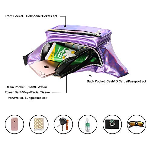 Holographic Fanny Pack for Women - Waist Fanny Pack with Adjustable Belt for Rave, Festival, Travel, Party (Purple)