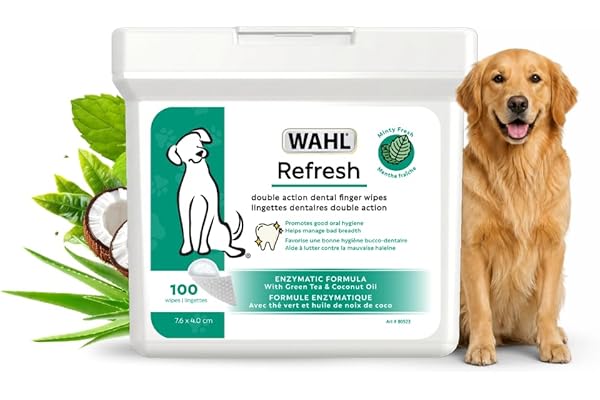Wahl Refresh Dental Finger Wipes for Dogs – Dual‑Sided Silicone & Soft Pearl Textures, Enzymatic Formula for Plaque Removal &