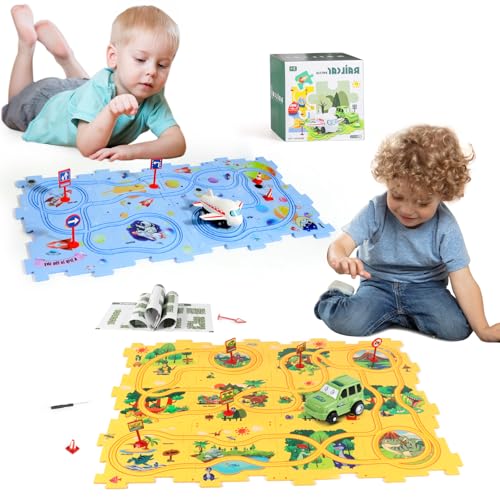 XAZASTOV Plastic Floor Puzzles for Kids Ages 3-5, Puzzle Track Car Play Set, Educational Montessori Toys for 3 4 5 6 Year Old Boys, 3 4 5 6 Year Old Boy Birthday Gift, Boy Toys Age 3