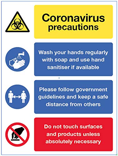 Caledonia Signs 18270H Coronavirus precautions sign - Wash hands, maintain a safe distance, avoid touching surfaces Semi Rigid PVC sign (250x300mm)