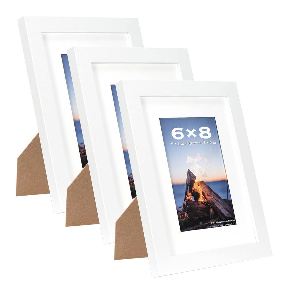 Scholar Tree White 8x6 Photo Frames Set of 3 - Wooden Picture Frames for Table Top and Wall Mounting with 6x4 Mat