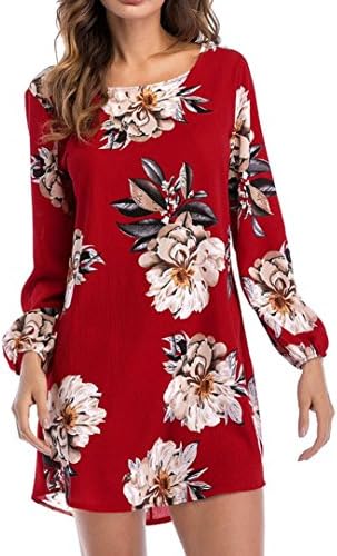 Kimloog Womens Casual Long Sleeve Floral Print Scoop Neck Puff Sleeve Short Beach Sundress Party Mini Dress