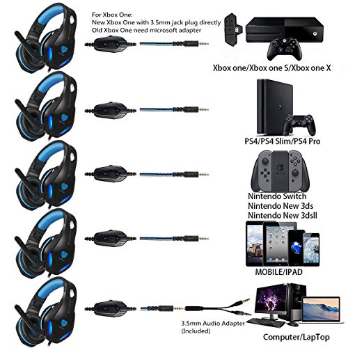BUTFULAKE GH-2 Gaming Headset for Xbox One with Stereo Surround Sound, PS4 Headset with Noise Canceling Mic & LED Light, Over Ear Gaming Headphones for PC, Nintendo Switch, Mac, Laptop, Blue
