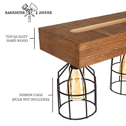 Farmhouse Lighting Triple Wood Beam Vintage Decor Chandelier –Great Industrial Chic Light for Kitchen, Bar, Island, Dining Room, and Foyer – Four Lights and Vintage Edison Cages