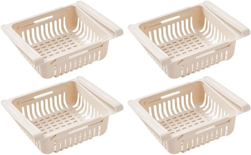 MyCozy Kitchen Fridge Organisers BPA Free Adjustable Fridge Drawer Storage Space Saving Storage Shelf Organiser for Vegetables and Fruits Storage Rack 0.55 Inch (Beige 4Pcs)
