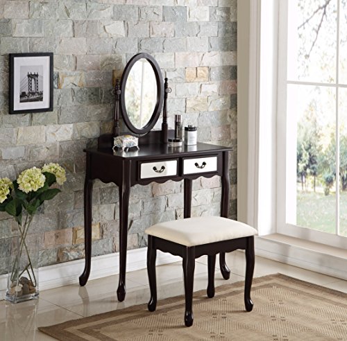 3-Piece Wood Make-Up Mirror Vanity Dresser Table and Stool Set, Espresso