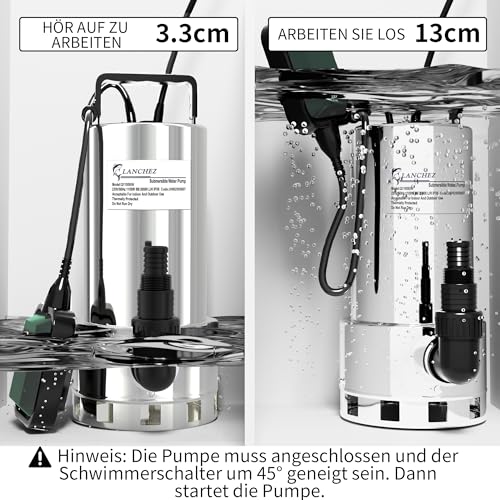 LANCHEZ 1100 W Submersible Dirty Water Pump, 20,000 l/h, Max Discharge Head 8 m, Max Immersion Depth 7 m, with Automatic Float Switch, 10 m Power Cable for Pool Emptying, Basement, Garden