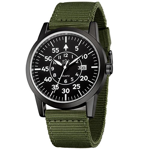 Mens Military Watch Army Field Sport Watches Quartz Analog Wrist Watches for Men with Green Nylon Band Calendar Date