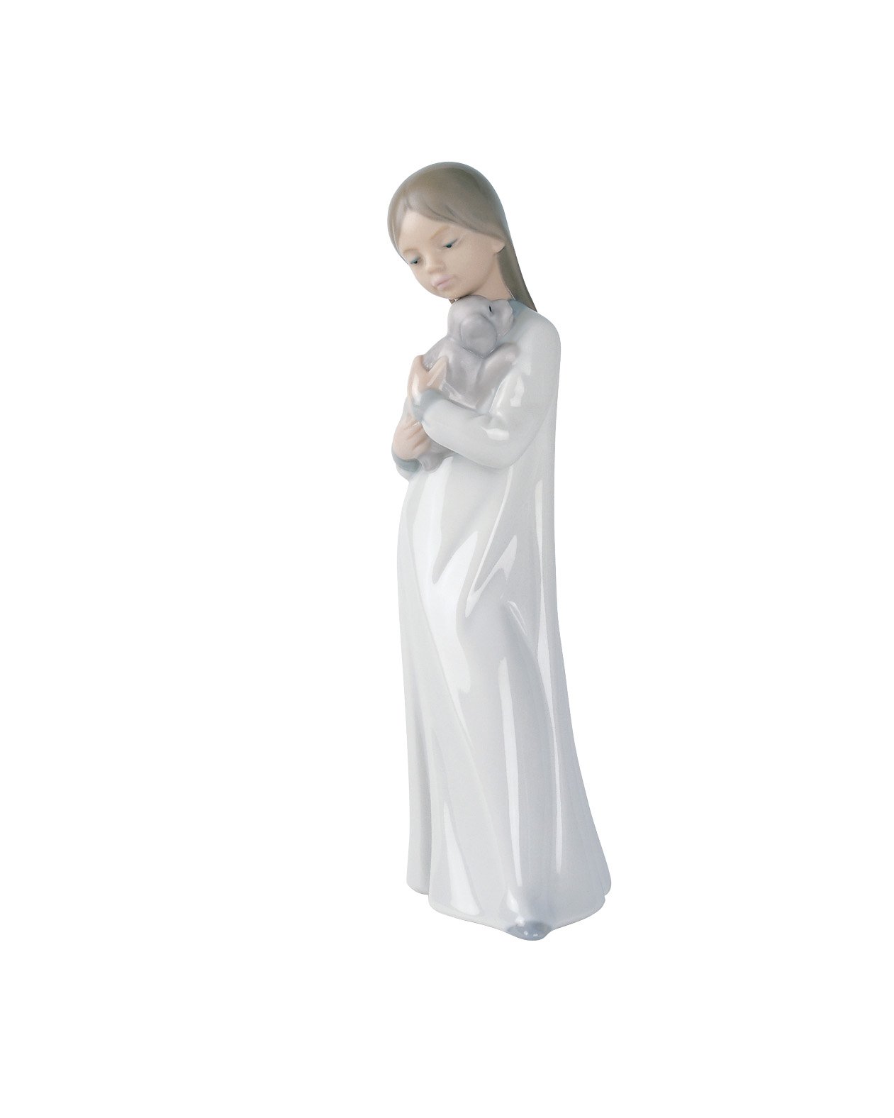 NAO With All My Heart. Decorative Gloss Porcelain Figure. Ornamental Figurine of a Girl in a Nightgown with a Puppy in Pastel Tones for Home Decoration