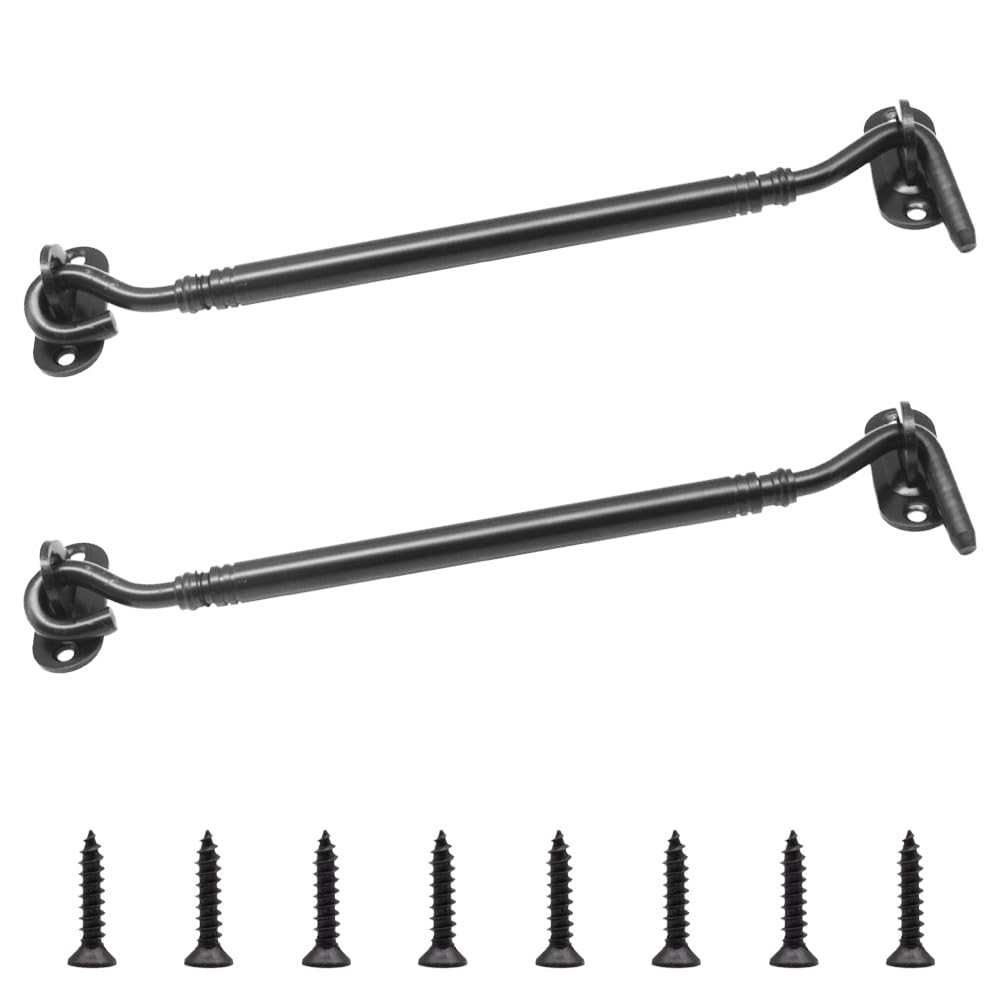 Yosawo 2 Pcs Cabin Hook and Eye Latch,Stainless Steel Heavy Duty Barn Barn Door Swivel Window Hook Lock for Garage, Garden Gates, Closet Shed（Black-205mm）