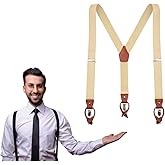 UPSONG Mens Suspenders,Brown Leather Button Tab and Clip Braces Heavy Duty Suspender Wedding Suspenders for Groom Groomsmen