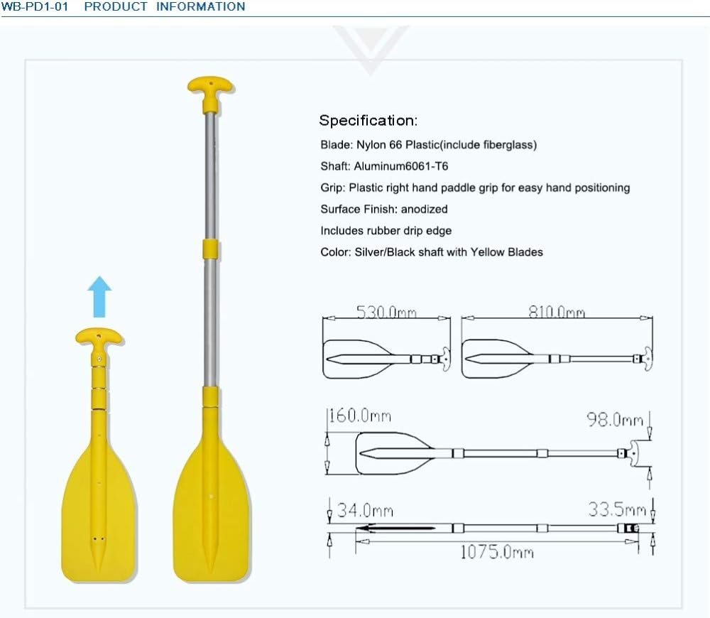 Seaflo Telescoping Paddle Adjustable 53 cm-107.5 cm(20.9''-42.3''), Yellow - Image 4