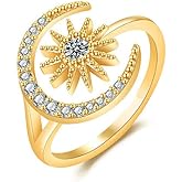 CZ Sun Moon Stackable Ring for Women Gold-Toned Adjustable Clear Cubic Zirconia Crescent Celestial Open Band Finger Rings Comfort Fit Chic Sparkling Holiday Wedding Party Jewelry