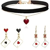 Dcfywl731 Queen of Hearts Costume Women Red Heart Necklace Earrings Set Black Choker Necklaces for Women Gothic Vampire Queen Costume Jewelry Accessories