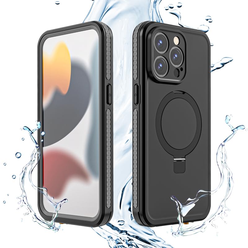 Waterproof IP68 Magnetic Ring Kick Stand Phone Case Compatible with iPhone 15 Pro Max 6.7" Compatible with Mag Safe Full Body Protection Cover with Drop Protection and Dust Plug Black