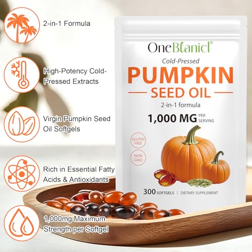 300PCS Pumpkins Seed Oil Capsules,Pumpkin&Seed Oil 2 in 1 for Hair Growth, Cold Pressed, Supports Hair, Heart, Skin Supplement,Pumpkins Seed Extract Powder,PumpkinSeed Herbal Supplement