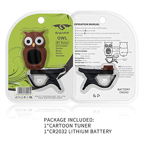SWIFF Guitar Tuner Clip-On with LCD Display for All String Instruments with Bass, Ukulele,Violin Accessories (Owl Brown)