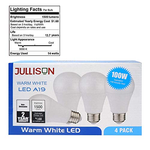 JULLISON A19 LED Light Bulb, 14W, 1500 Lumens, 100W Equivalent, 3000K Warm White, CRI80+, Non-dimmable, E26 Base, UL-Listed(4-Pack)
