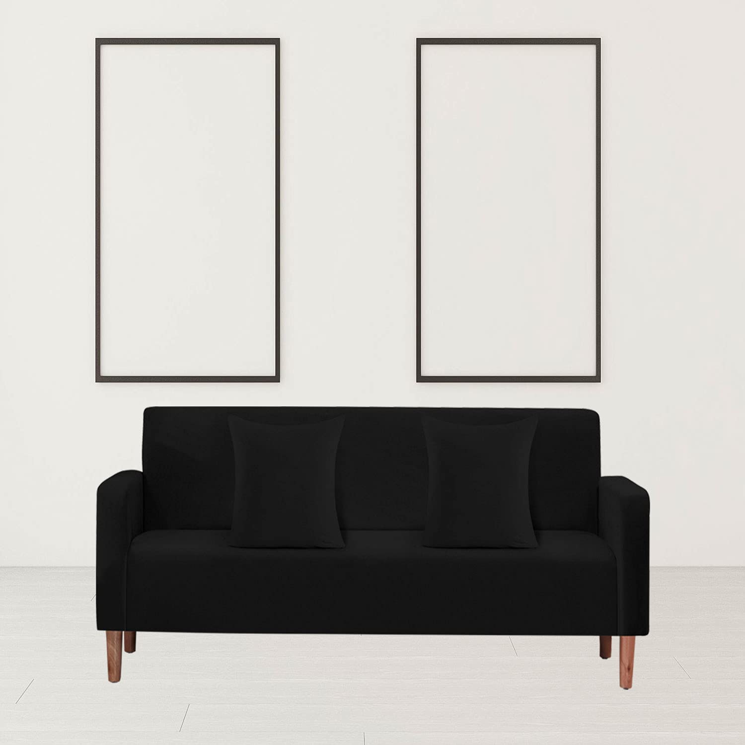 Trimming Shop 2 Seater Velvet Stretch Sofa Covers, 2 Matching Pillow Covers Set, Elastic Fabric Stretch Couch Slipcover Furniture Protector for Pets Non-Slip Sofa Cover for Living Room, Black