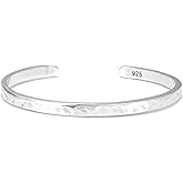 Rogivora 925 Sterling Silver Hammered Cuff Bangle Bracelet for Men & Women, 4mm Handmade Minimalist Polished Jewelry, Daily Wear, Small & Large Sizes
