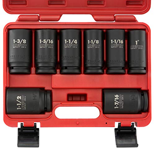 Neiko 02461A 3/4" Drive Deep Impact Socket Set, 8 Piece Jumbo Assortment | Standard SAE Sizes (1-Inch to 1-1/2-Inch) | Chrome Vanadium Steel