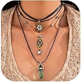 XIAOMOJEW Gothic Layered Boho Necklace for Women Stacked Crystal Chain Necklace Sun Pendant Hippie Boho Choker Jewelry