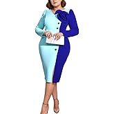 ONTINVA Women's Colorblock Work Church Pencil Dress Casual Button Petal Long Sleeve Bodycon Cocktail Party Midi Dress