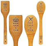 Unique Bamboo Cooking Spoon & Spatula Set - Keep Calm & Cook Design | Wooden Kitchen Utensils Set | Includes (1) Spoon (1) Spatula | Great For Home Decor Or Cute Chef Gift