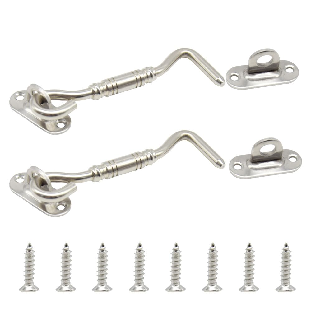 Yosawo 2 Pcs Cabin Hook and Eye Latch,Stainless Steel Heavy Duty Barn Barn Door Swivel Window Hook Lock for Garage, Garden Gates, Closet Shed（Silver-110mm）