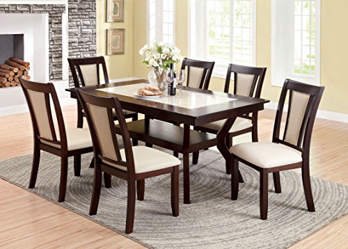 Furniture of America Dalcroze 7-Piece Modern Faux Marble Top Dining Set, Dark Cherry