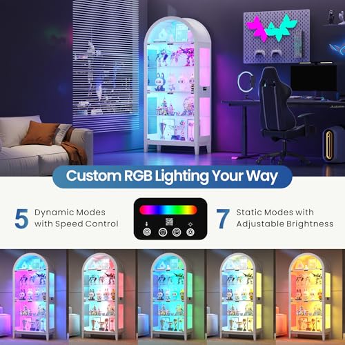 Arched 5-Tier Display Cabinet with RGB Lighting & Motion Sensor, 175 cm Tall Glass DIsplay Case with Doors for Living Room, Bedroom, Home Office, Displaying Books and Decor, White
