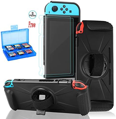 Case for Nintendo Switch,Comfort Handheld Back Cover with 2 Pack Tempered Glass Screen Protectors and 24 Game Card Case for Nintendo Switch (Black)