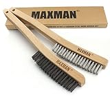 Wire Brush Set,Heavy Duty Carbon Steel and Stainless Steel Wire Scratch Brush for Cleaning Rust with 14" Long Curved Beechwood Handle,2 Pieces,Large
