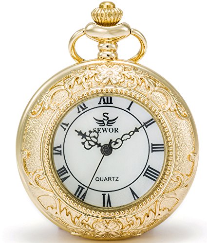 SEWOR Quartz Pocket Watch Shell Dial Magnifier Case with Two Type Chain (Leather+Metal) (Gold)