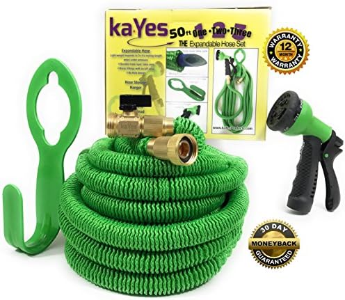 kaYes Expandable Hose Kink Tangle Free - Garden Hose Storage Hanger Lawn Spray Nozzle 3 Pc Set Solid Copper Brass Fittings Steel Clamp Strong Flexible Expanding Gardening Hose Auto Lawn Plant Watering