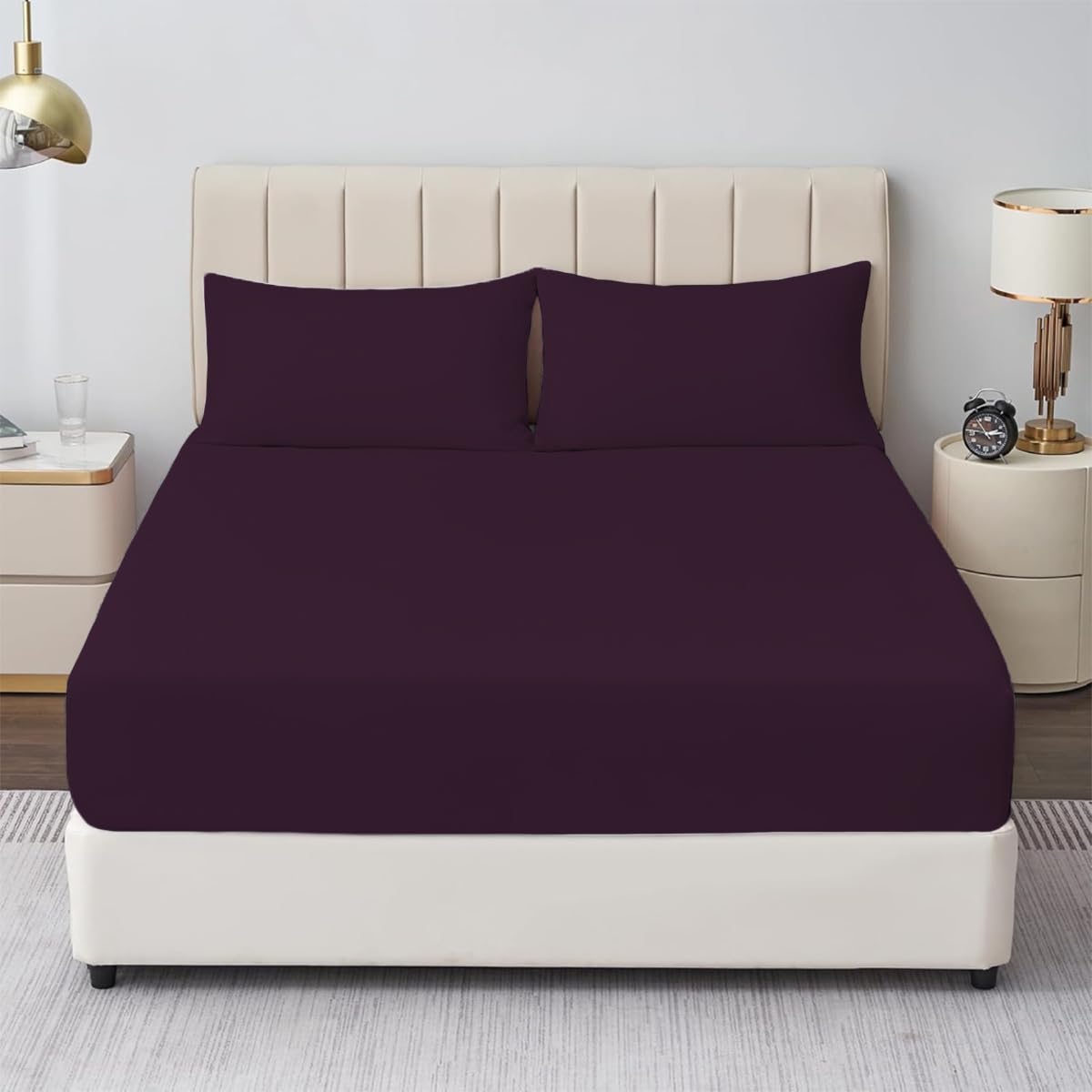 Rohi® King Size Fitted Sheet with Two Pillowcases – 25cm Depth – Pure Polycotton Plain Bedding (King Size Fitted Sheet & Pillowcases, Plum)