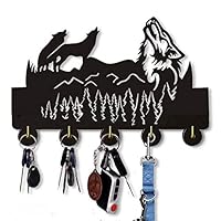 Wild Wolf Wall Key Hooks 20LB(Max) Handmade Wood Hooks Light in Weight and Easy to Install, Five Metal Hooks Coat Holder, Black Color (Wild Wolf B)