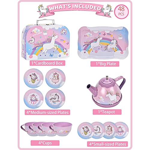 AM ANNA 48 PCS Toy Unicorn Tea Set for Little Girls, Princess Tea Party Play Toy Kid Tea Set Including Teapot,Cups, Plates, Dessert, Drinks & Carrying Case, Kitchen Pretend Play Toys(Unicorn Tea Set)