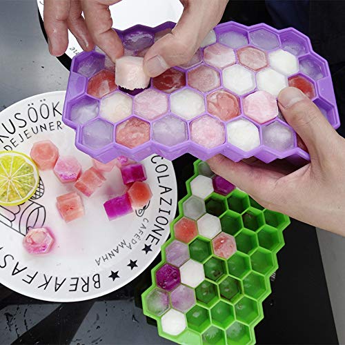 3 Pack Ice Cube Trays, Silicone Honeycomb Shape Ice Cube Molds wih Lids Make 111 Ice Cube for Whiskey, Cocktail, Stackable Flexible, BPA Free (Purple+Yellow+Green) - Thumbnail 3