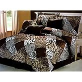 Grand Linen - 7 Piece King Safari Comforter Set - Zebra, Giraffe, Leopard, Tiger Etc - Multi Animal Print Bed in a Bag Brown Beige Black White Micro Fur Bedding